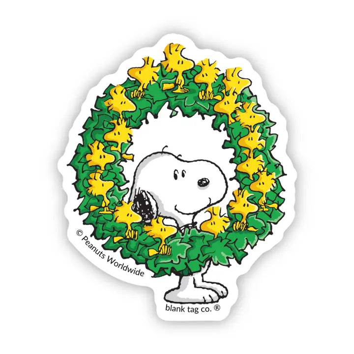 Peanuts® Snoopy With A Wreath of Woodstocks Waterproof Sticker