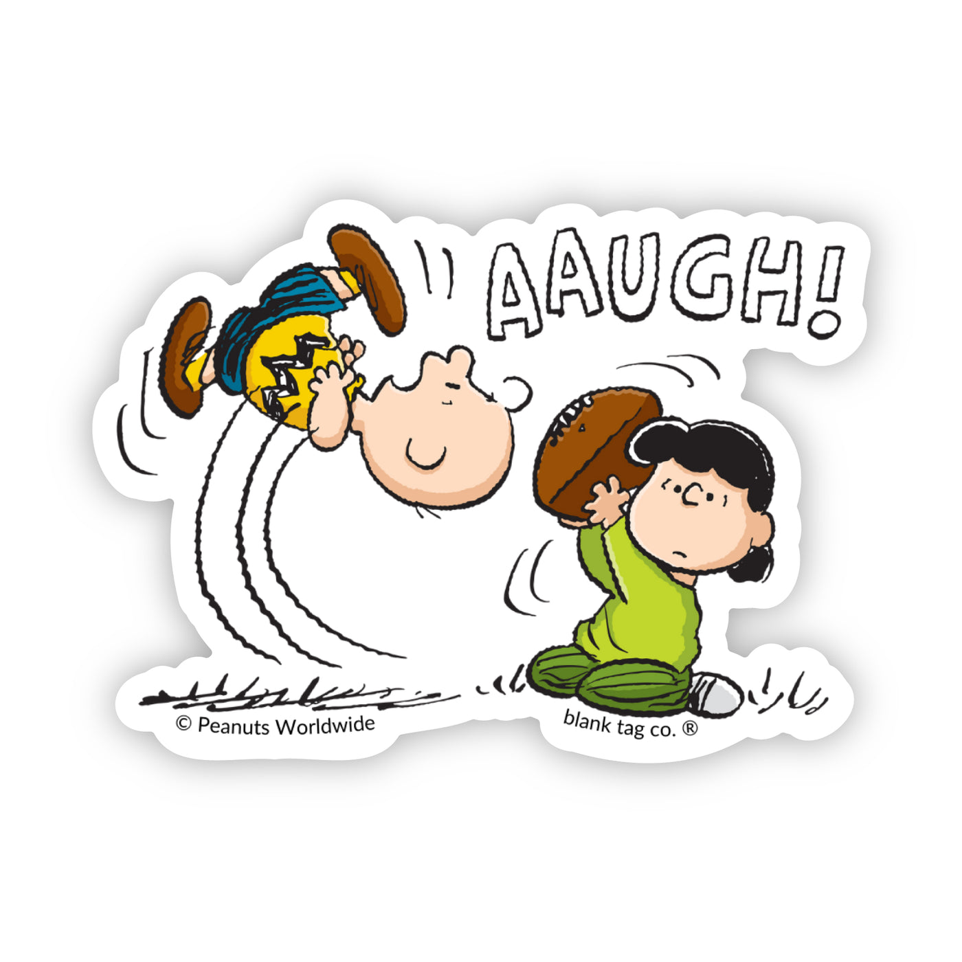 Sticker illustration of Lucy pulling the football away from Charlie Brown