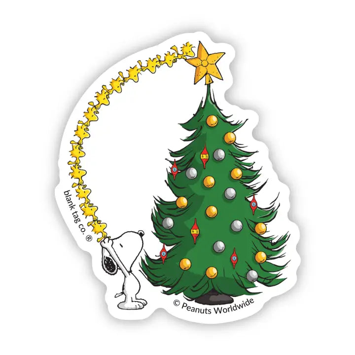 Peanuts® Snoopy and Woodstock Decorating A Christmas Tree Waterproof Sticker